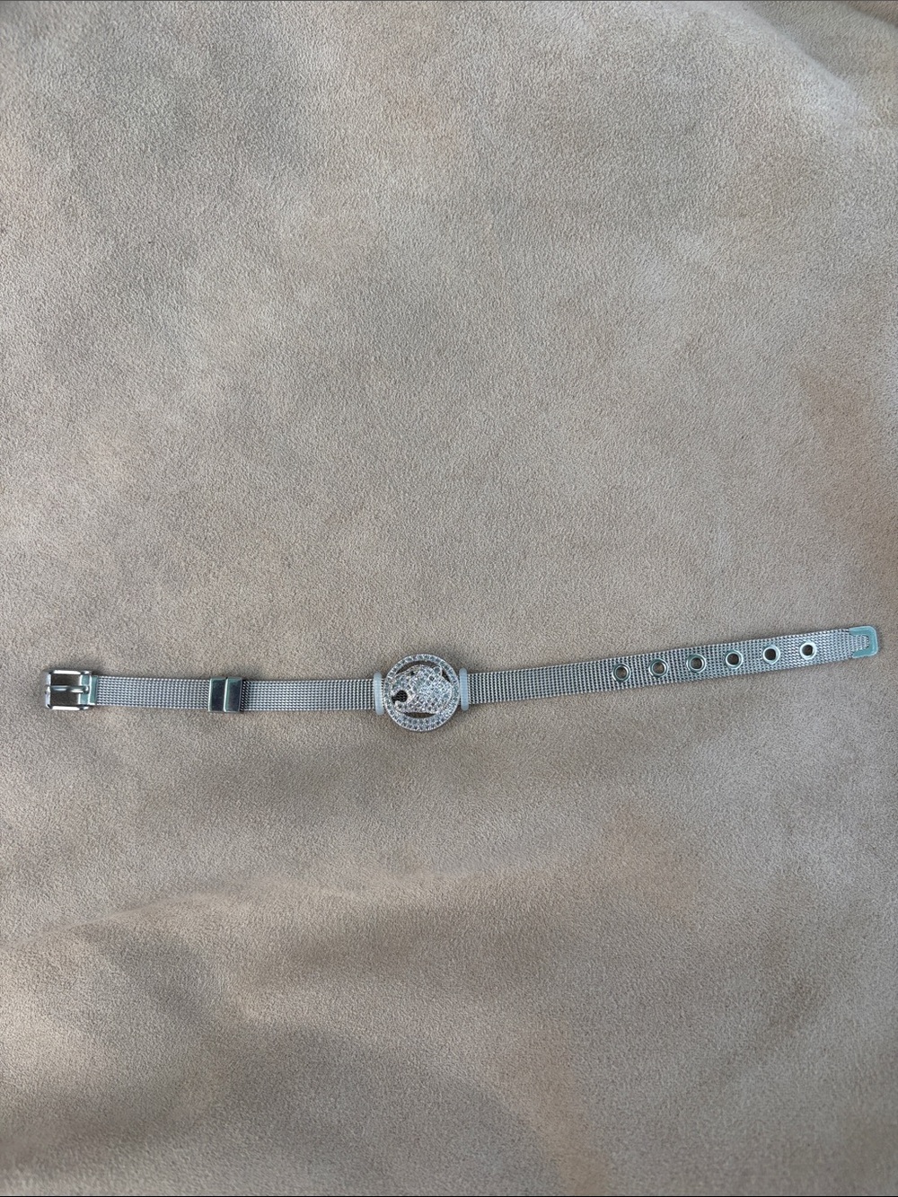 🐆 Silver Rhinestone Jaguar Head Circle Buckle Mesh Adjustable Bracelet